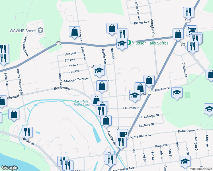 map of restaurants, bars, coffee shops, grocery stores, and more near 7 West Street in Hudson Falls