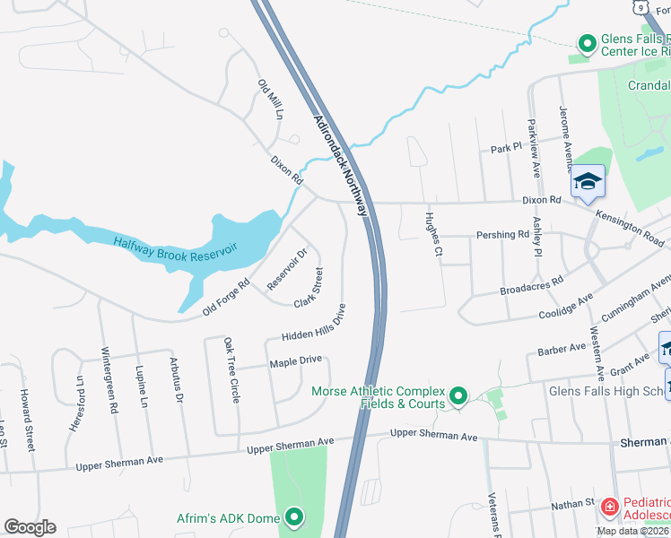 map of restaurants, bars, coffee shops, grocery stores, and more near 5 Hidden Hills Drive in Queensbury