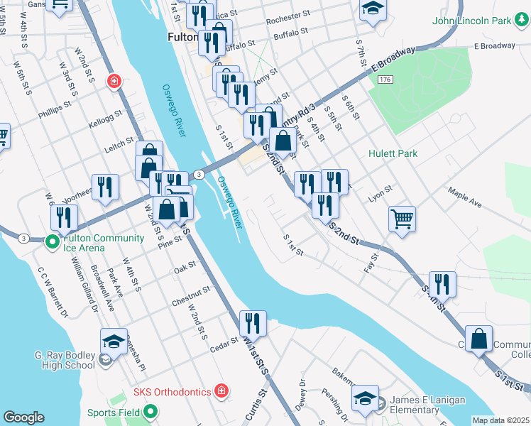 map of restaurants, bars, coffee shops, grocery stores, and more near 100 State Street in Fulton