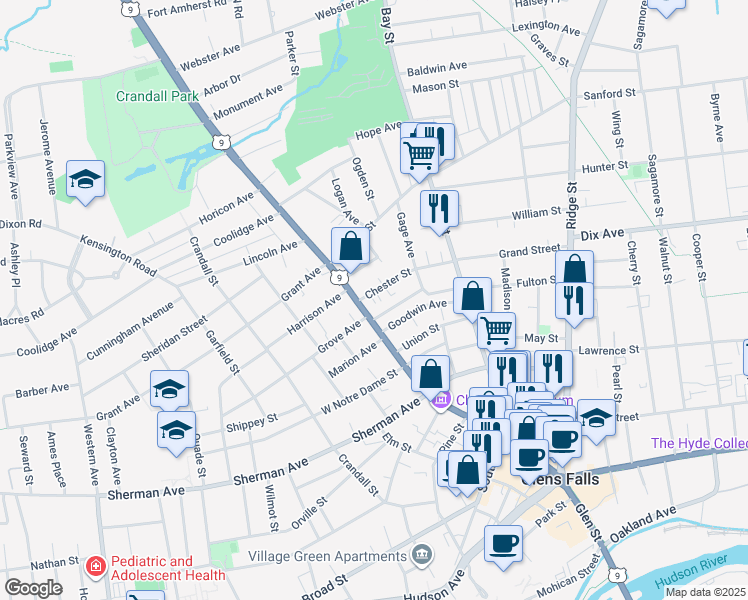 map of restaurants, bars, coffee shops, grocery stores, and more near 9 Chester Street in Glens Falls