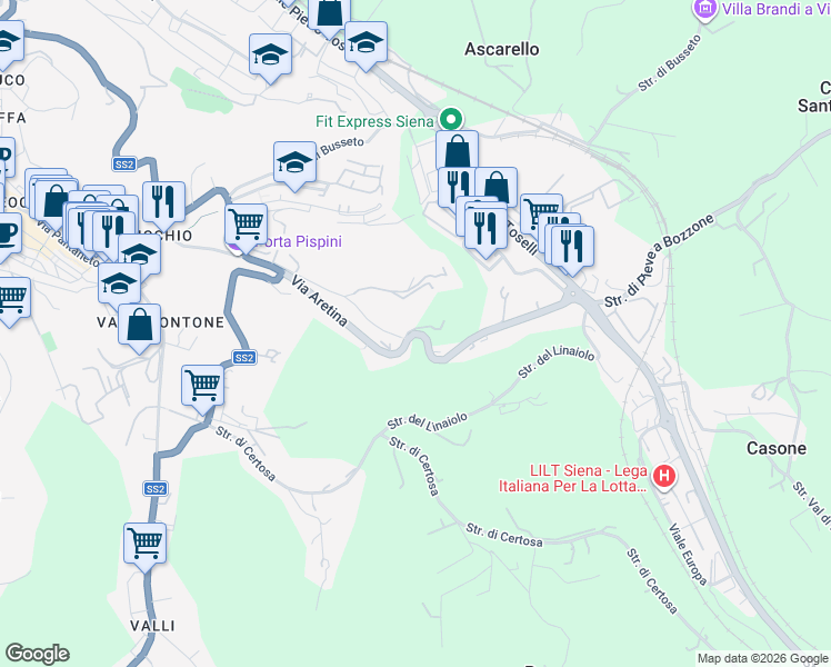 map of restaurants, bars, coffee shops, grocery stores, and more near 119 Via Aretina in Siena