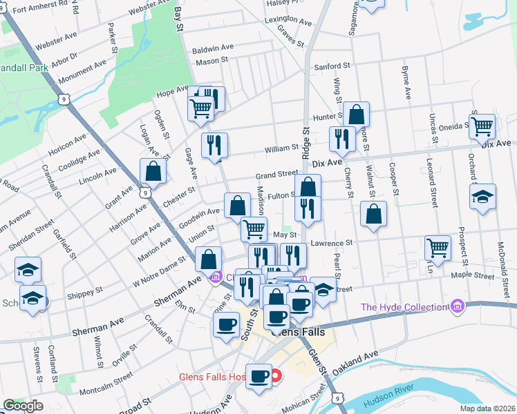 map of restaurants, bars, coffee shops, grocery stores, and more near 18 Madison Street in Glens Falls