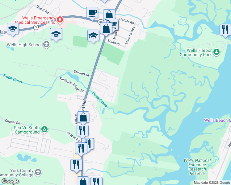 map of restaurants, bars, coffee shops, grocery stores, and more near 113 Darling Dr in Wells