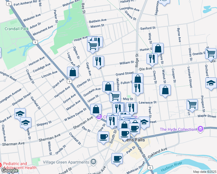 map of restaurants, bars, coffee shops, grocery stores, and more near 5 Fulton Street in Glens Falls