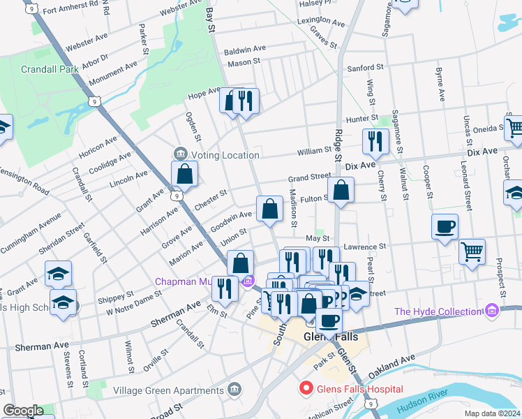 map of restaurants, bars, coffee shops, grocery stores, and more near 102 Bay Street in Glens Falls