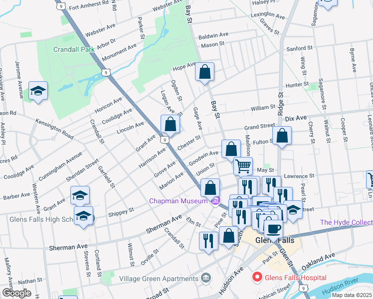 map of restaurants, bars, coffee shops, grocery stores, and more near 9 Chester Street in Glens Falls