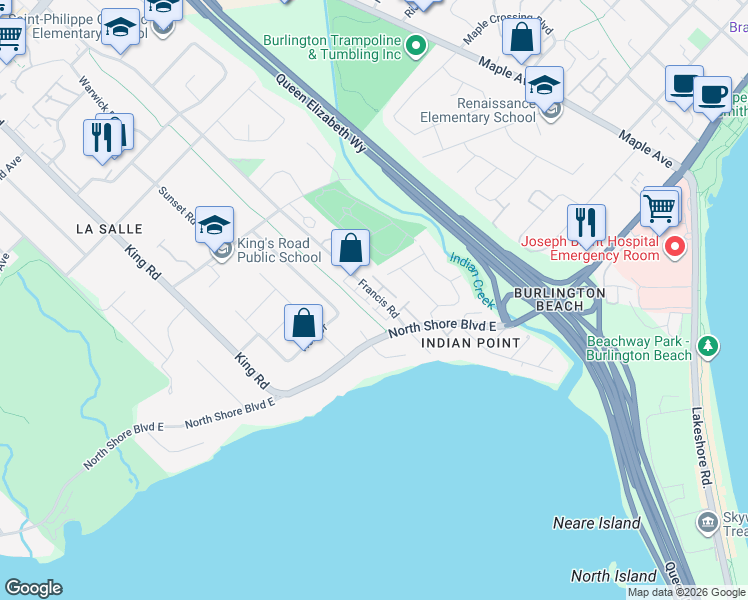 map of restaurants, bars, coffee shops, grocery stores, and more near 645 Francis Court in Burlington