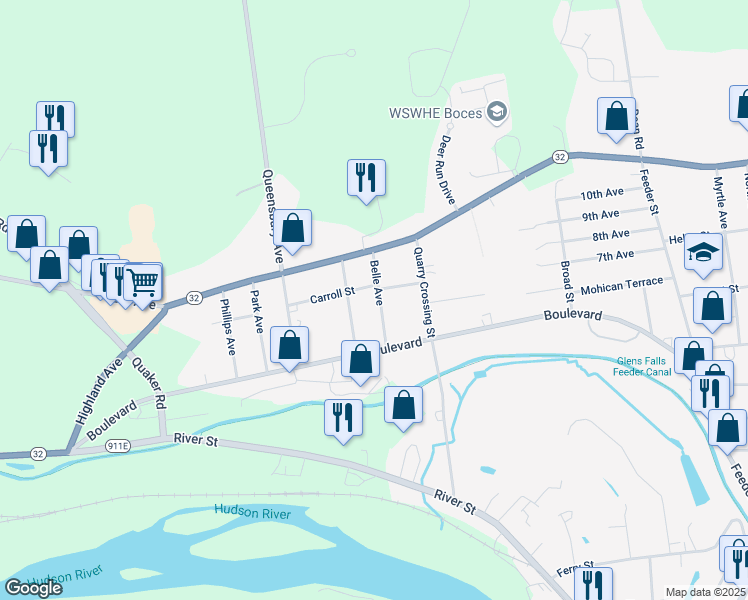 map of restaurants, bars, coffee shops, grocery stores, and more near 21 Belle Avenue in Warren County