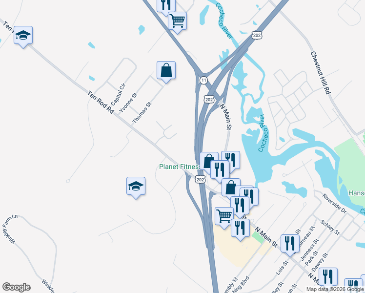 map of restaurants, bars, coffee shops, grocery stores, and more near 21 Ten Rod Road in Rochester