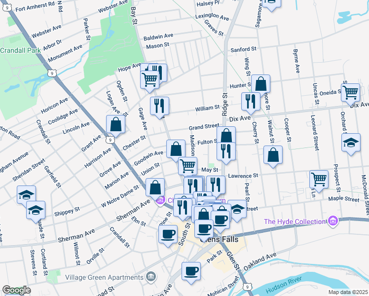 map of restaurants, bars, coffee shops, grocery stores, and more near 5 Fulton Street in Glens Falls