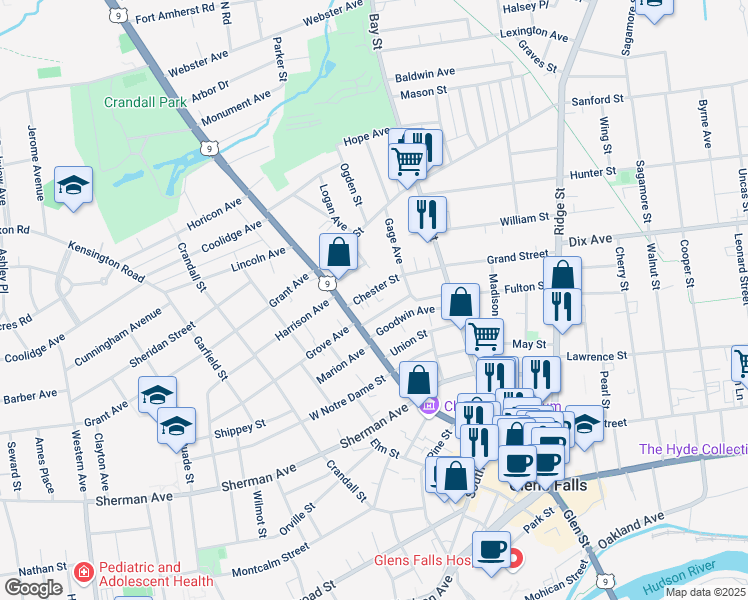 map of restaurants, bars, coffee shops, grocery stores, and more near 9 Chester Street in Glens Falls