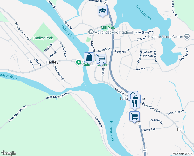 map of restaurants, bars, coffee shops, grocery stores, and more near 74 Bay Road in Lake Luzerne