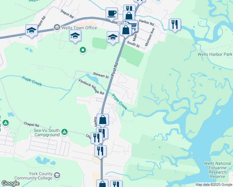 map of restaurants, bars, coffee shops, grocery stores, and more near 1351 Post Road in Wells