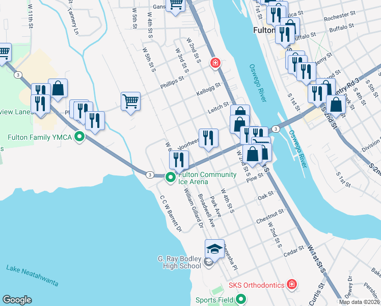 map of restaurants, bars, coffee shops, grocery stores, and more near 256 West 5th Street South in Fulton