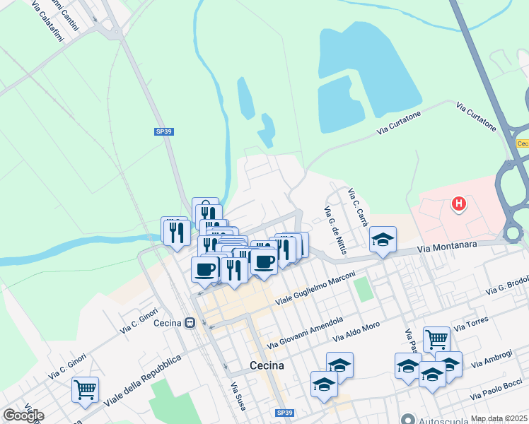 map of restaurants, bars, coffee shops, grocery stores, and more near Via dei Grottini in Cecina