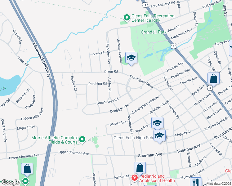 map of restaurants, bars, coffee shops, grocery stores, and more near 6 Luzerne Place in West Glens Falls