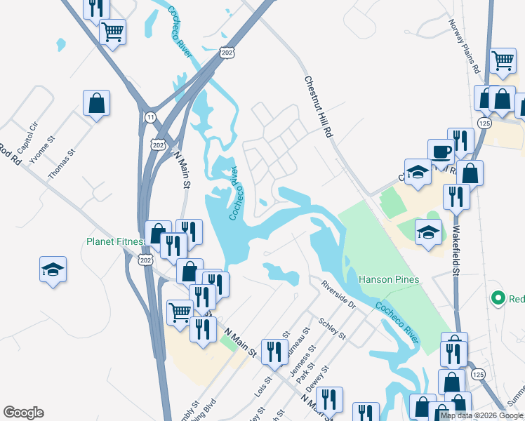 map of restaurants, bars, coffee shops, grocery stores, and more near 56 Riverview Drive in Rochester