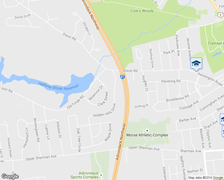 map of restaurants, bars, coffee shops, grocery stores, and more near 5 Hidden Hills Drive in West Glens Falls