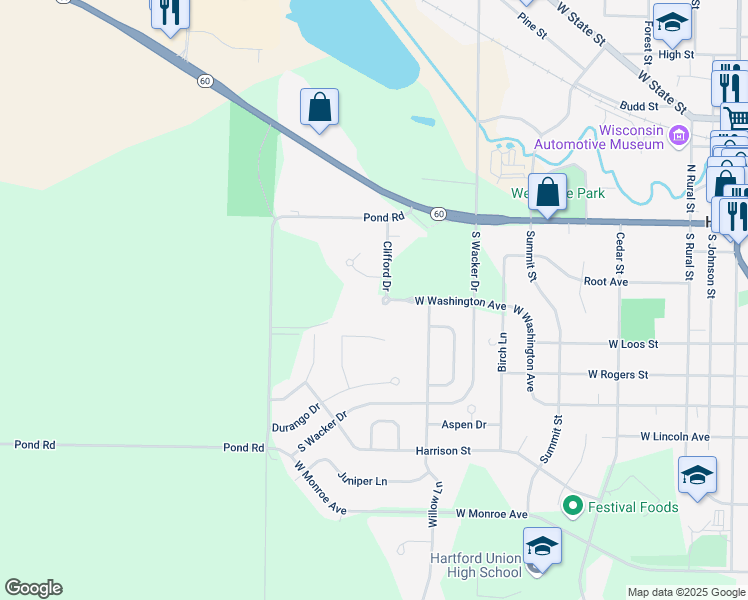map of restaurants, bars, coffee shops, grocery stores, and more near 7235 Valley Court in Hartford