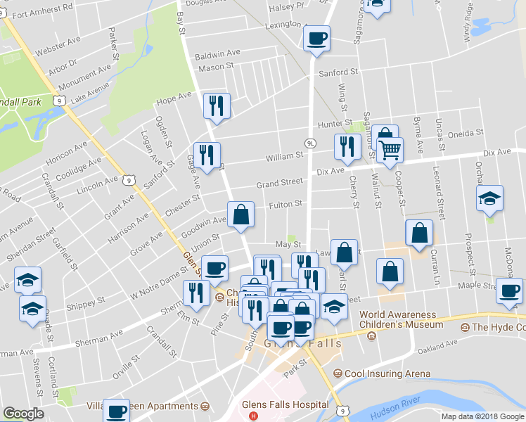 map of restaurants, bars, coffee shops, grocery stores, and more near 13 Fulton Street in Glens Falls