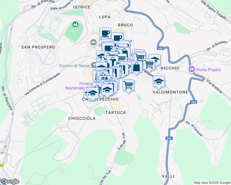 map of restaurants, bars, coffee shops, grocery stores, and more near 105 Via Giovanni Duprè in Siena