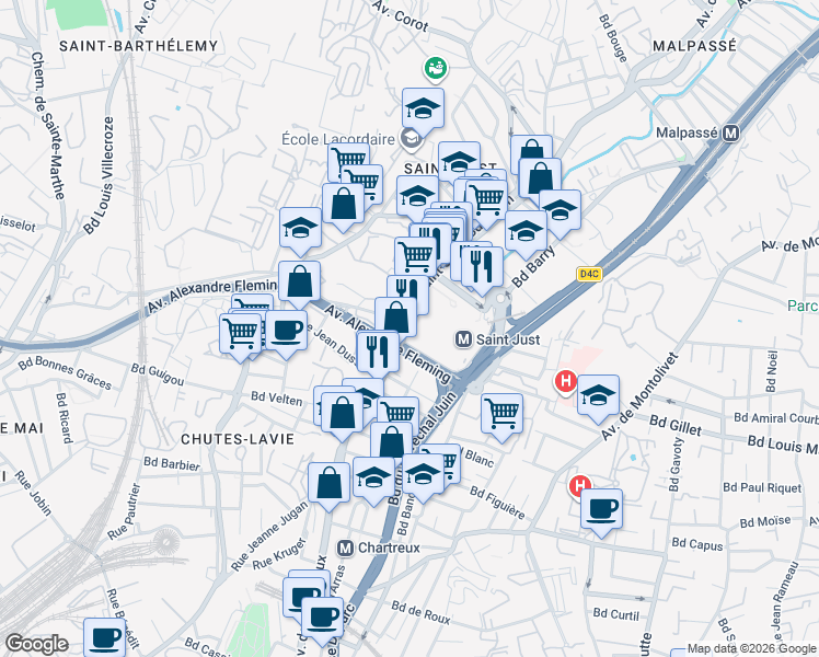 map of restaurants, bars, coffee shops, grocery stores, and more near 52 Avenue de Saint-Just in Marseille