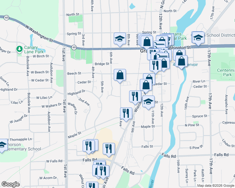 map of restaurants, bars, coffee shops, grocery stores, and more near 1531 7th Avenue in Grafton