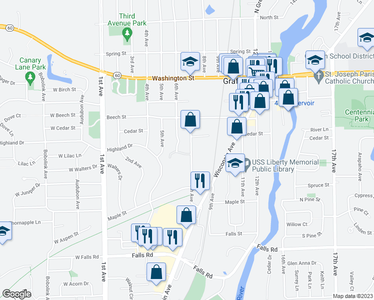 map of restaurants, bars, coffee shops, grocery stores, and more near 1531 7th Avenue in Grafton