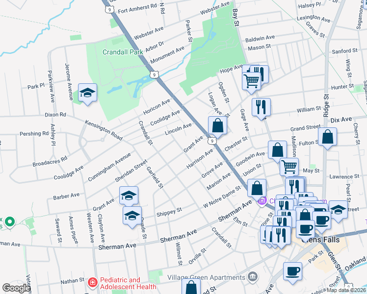 map of restaurants, bars, coffee shops, grocery stores, and more near 23 Grant Ave in Glens Falls