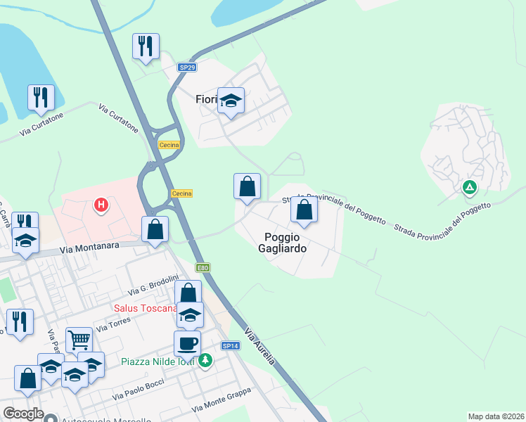 map of restaurants, bars, coffee shops, grocery stores, and more near 1 Via di Poggio Gagliardo in Poggio Gagliardo