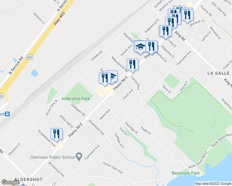 map of restaurants, bars, coffee shops, grocery stores, and more near 360 Plains Road East in Burlington