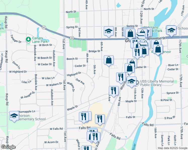 map of restaurants, bars, coffee shops, grocery stores, and more near 1521 5th Avenue in Grafton