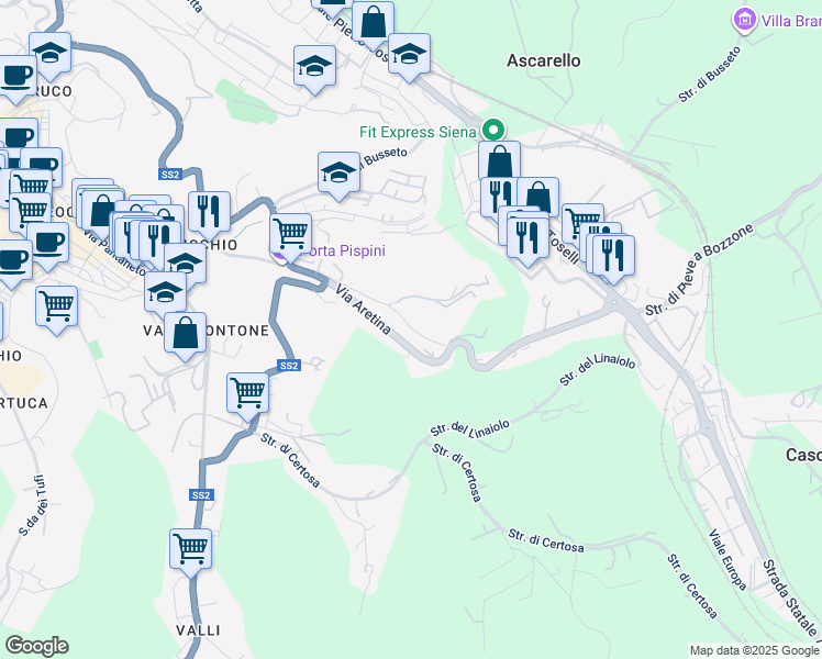 map of restaurants, bars, coffee shops, grocery stores, and more near 42 Strada Sant'Eugenia in Siena