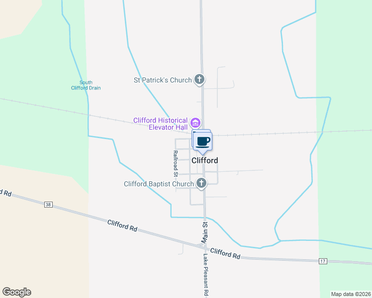 map of restaurants, bars, coffee shops, grocery stores, and more near 4445 Bellamy Street in Clifford