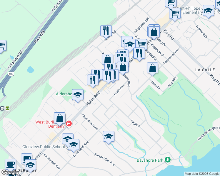 map of restaurants, bars, coffee shops, grocery stores, and more near 362 Plains Road East in Burlington