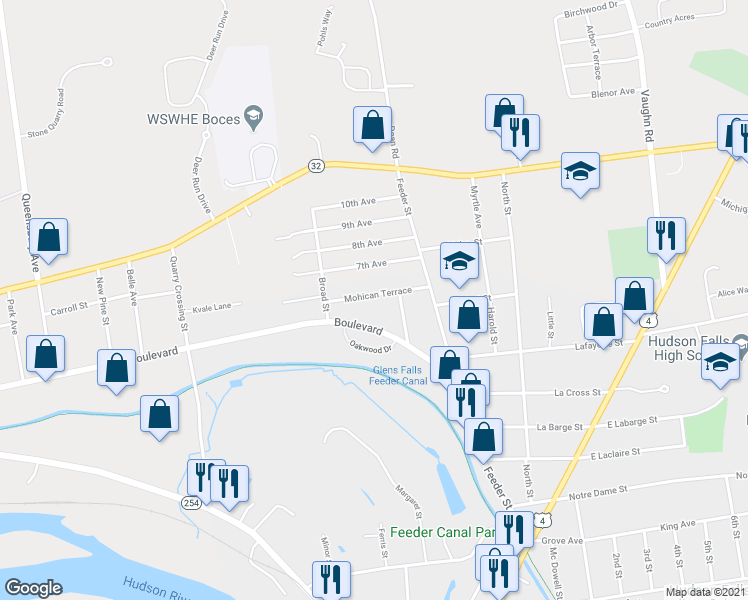 map of restaurants, bars, coffee shops, grocery stores, and more near 17 Mohican Terrace in Hudson Falls