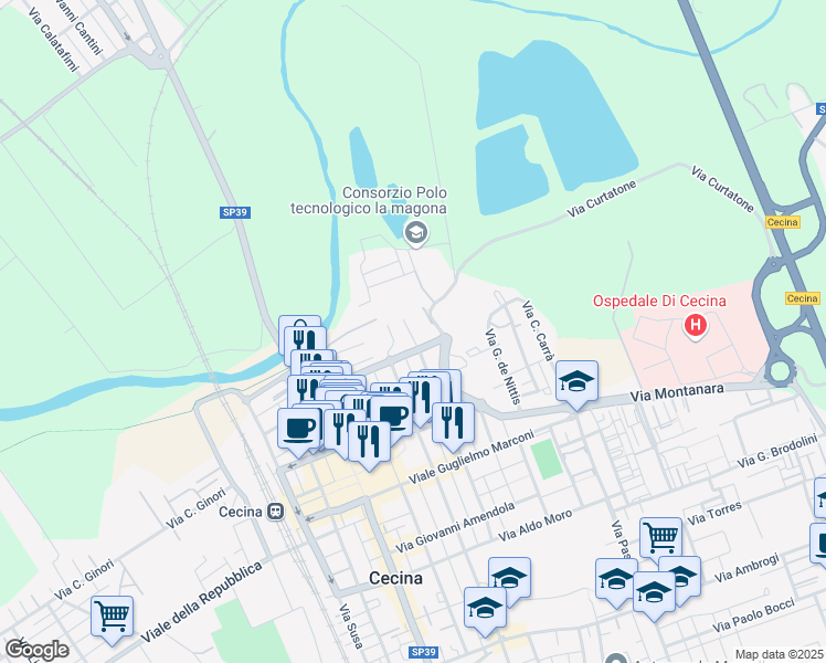 map of restaurants, bars, coffee shops, grocery stores, and more near 34 Via Giovanni Pegolotti in Cecina