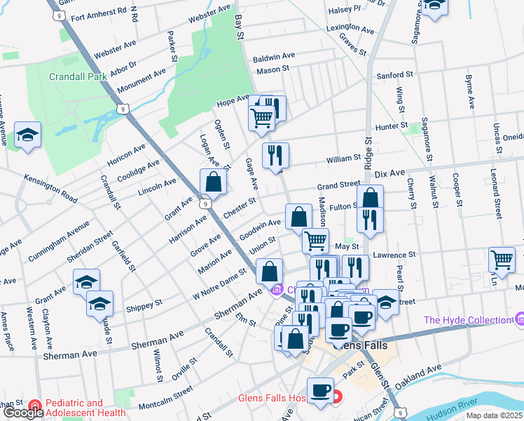map of restaurants, bars, coffee shops, grocery stores, and more near 26b Birch Avenue in Glens Falls
