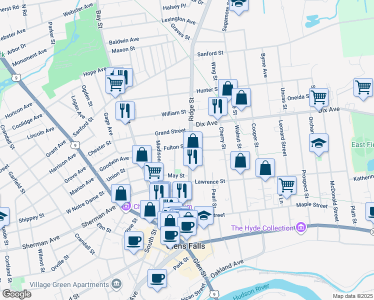 map of restaurants, bars, coffee shops, grocery stores, and more near 160 Ridge Street in Glens Falls
