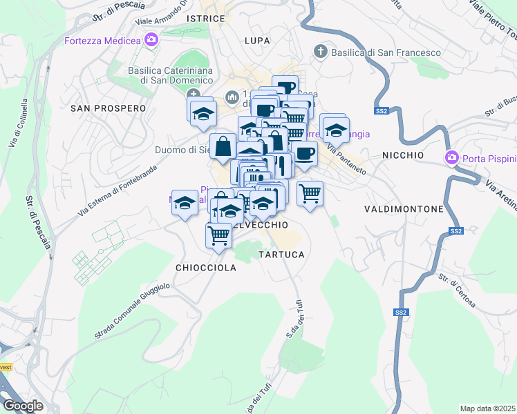 map of restaurants, bars, coffee shops, grocery stores, and more near 50 Via San Pietro in Siena