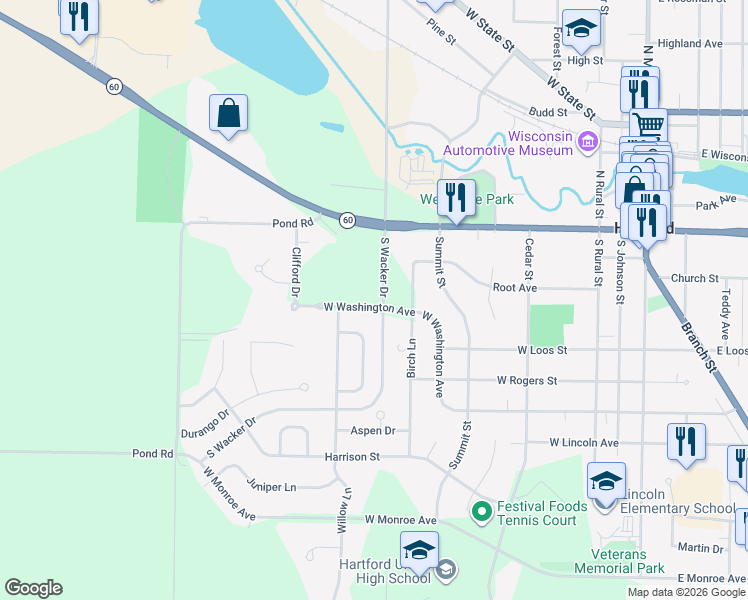map of restaurants, bars, coffee shops, grocery stores, and more near 840 West Washington Avenue in Hartford
