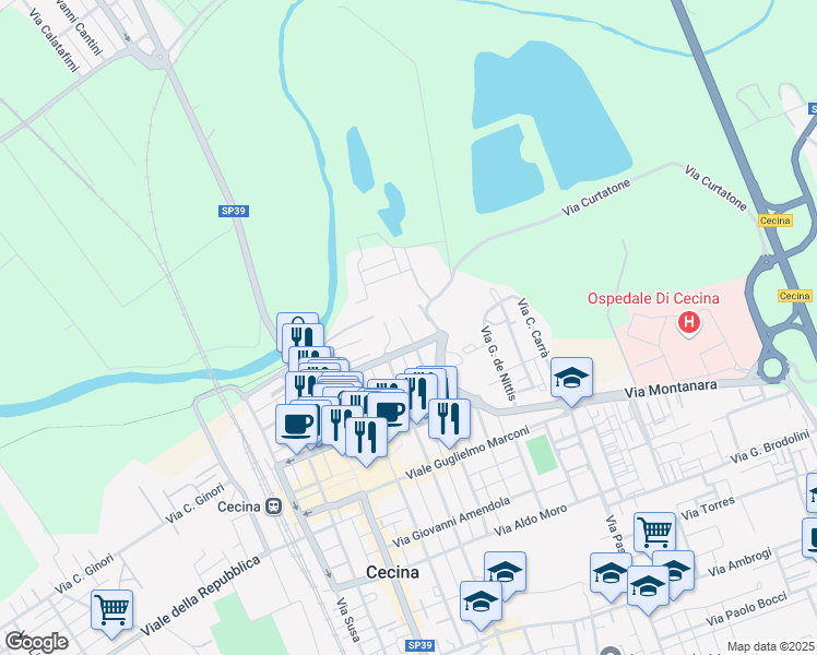 map of restaurants, bars, coffee shops, grocery stores, and more near 34 Via Giovanni Pegolotti in Cecina