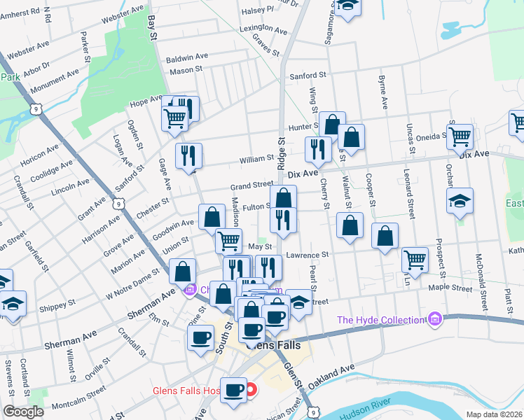 map of restaurants, bars, coffee shops, grocery stores, and more near 160 Ridge Street in Glens Falls