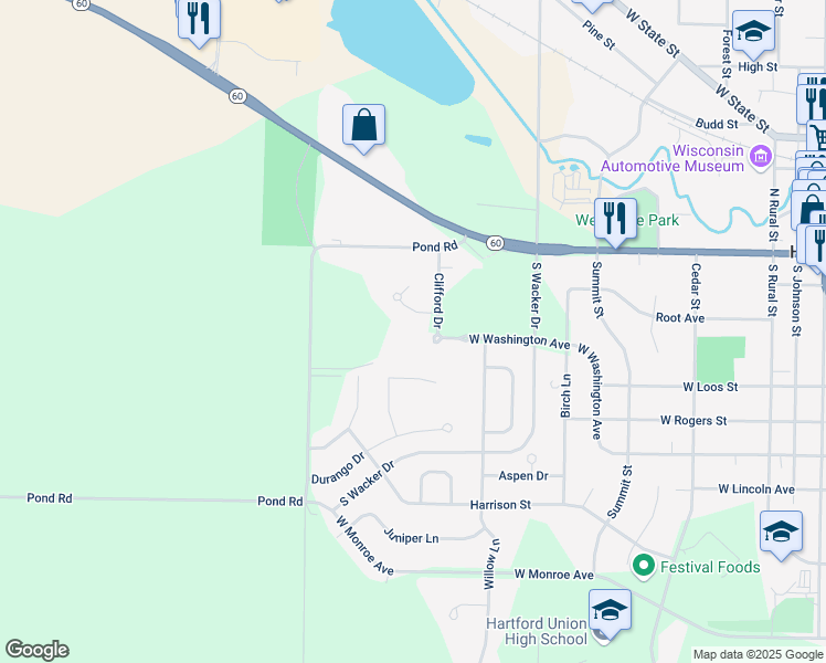 map of restaurants, bars, coffee shops, grocery stores, and more near 7235 Valley Court in Hartford