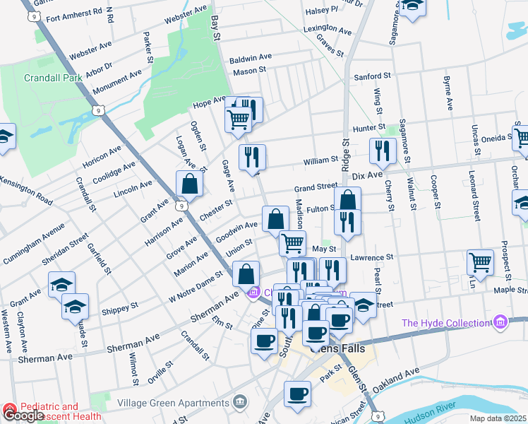 map of restaurants, bars, coffee shops, grocery stores, and more near 102 Bay Street in Glens Falls