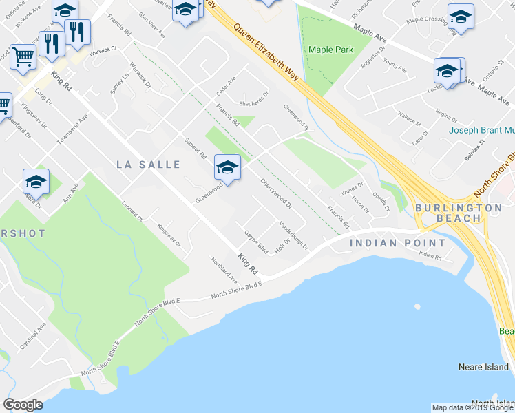 map of restaurants, bars, coffee shops, grocery stores, and more near 689 Gayne Boulevard in Burlington