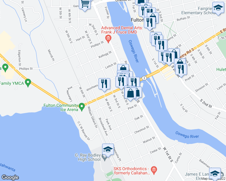 map of restaurants, bars, coffee shops, grocery stores, and more near 214 W Broadway in Fulton