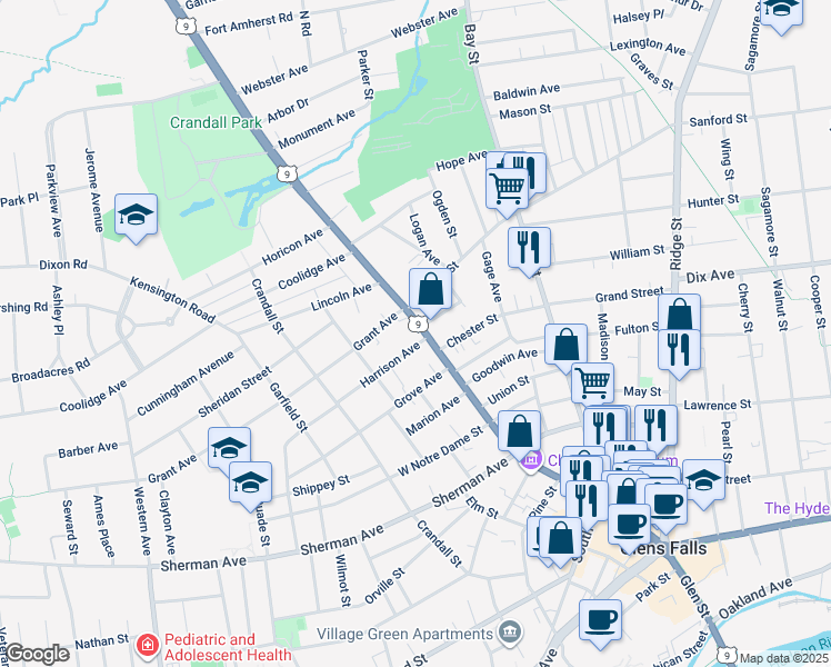 map of restaurants, bars, coffee shops, grocery stores, and more near 474 Glen Street in Glens Falls
