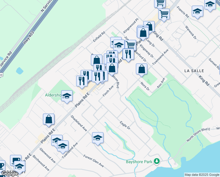 map of restaurants, bars, coffee shops, grocery stores, and more near Finch Avenue in Burlington