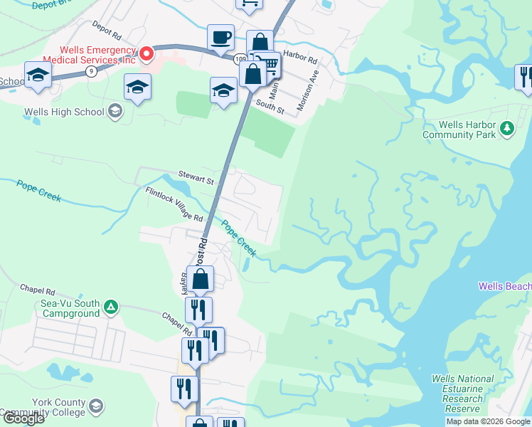 map of restaurants, bars, coffee shops, grocery stores, and more near 1373 Post Road in Wells
